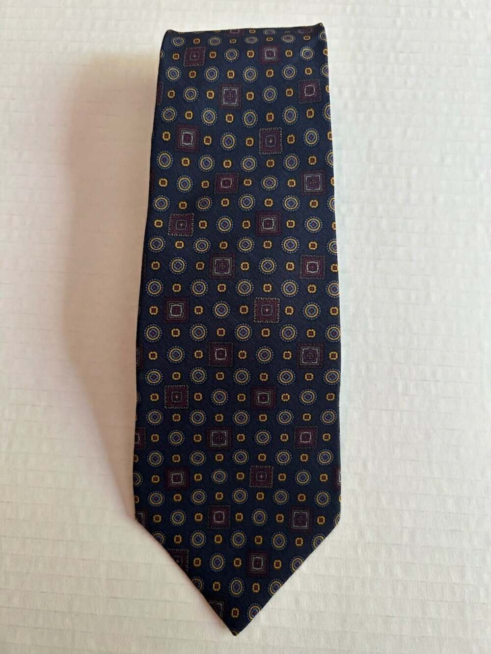 FUMAGALLIS PURE SILK MENS NECKTIE, BLUE WITH GEOMETRIC DESIGN